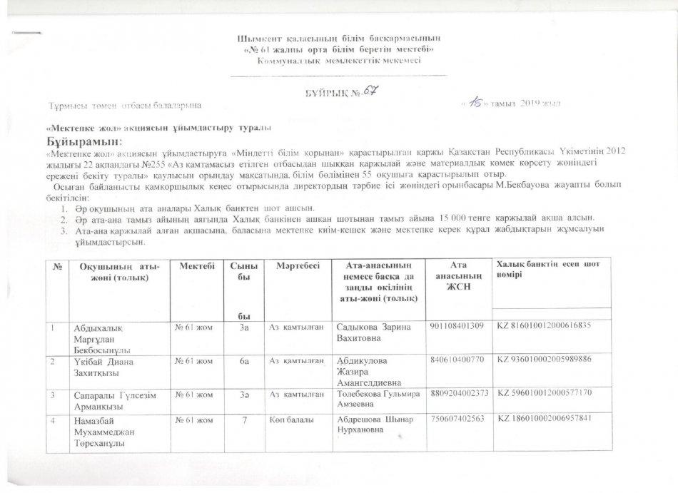 Мектепке жол Қаржылай  көмек 2019-2020 оқу жылы