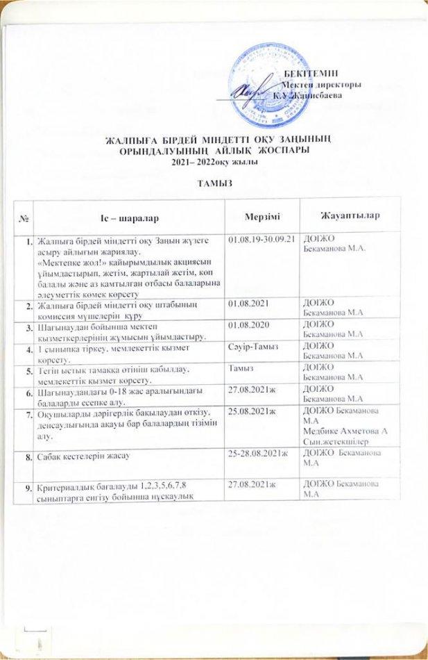 Жалпыға бірдей міндетті оқу заңының орындалуының айлық жоспары