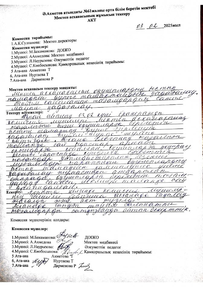 Мектеп асханасының жұмысын тексеру АКТ